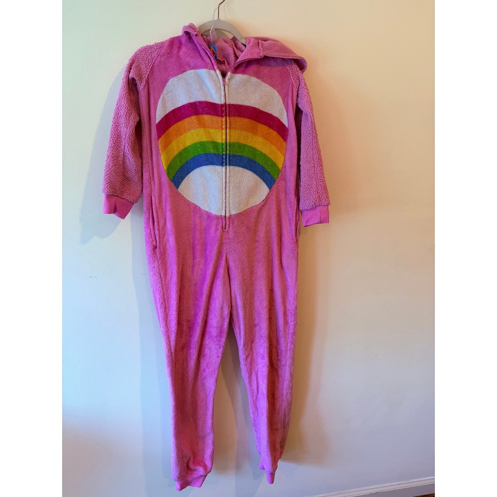 Care Bears Cheer Bear Pink Fleece Hooded Union Suit Pajamas Rainbow Adult size